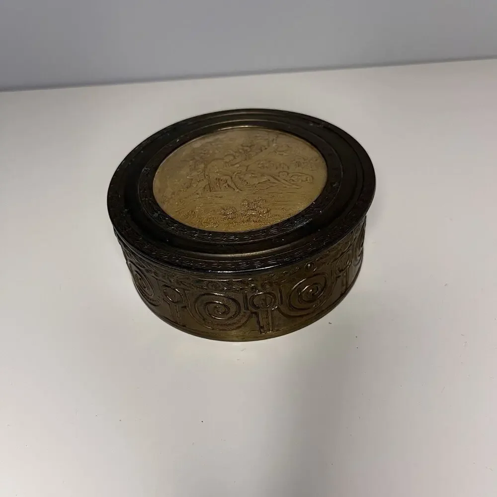 Pastoral Scene Gilded Brass Powder Trinket Box Mirrored Glass Insert Vintage